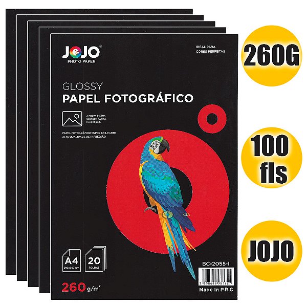 Papel A4 Fotográfico 260g JoJo Auto Brilho, Papel Glossy Jojo - Kit com 100 Folhas