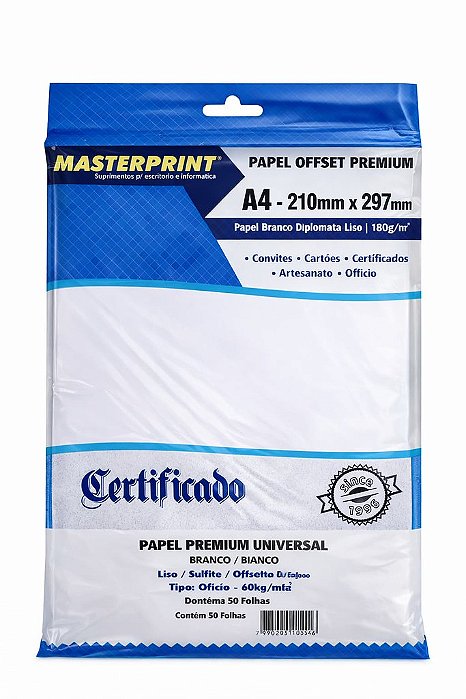 Papel Offset Diplomata Masterprint A4 Branco 180g - 300 Folhas