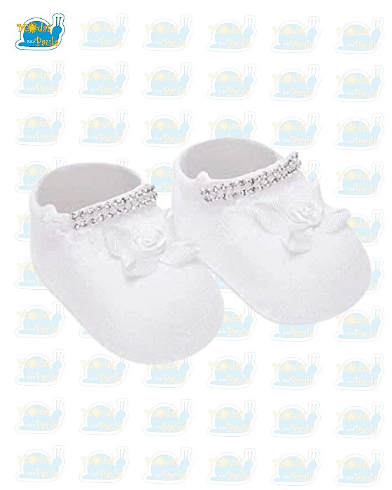Meia sapatilha com strass e lacinho para bebê de 0 a 5 meses Branco - Selene