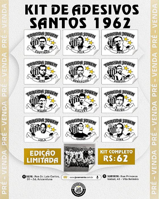 Pré Venda (até 25/08) - Kit de Adesivos SANTOS FC 1962 -