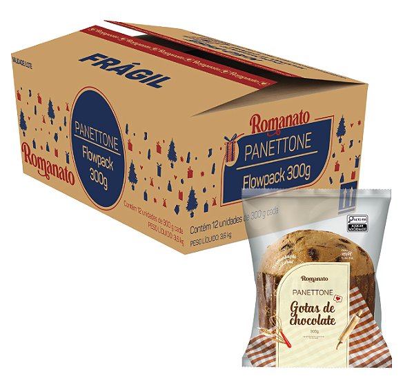 Caixa Fechada: 12 unidades Panettone Flowpack Gotas Chocolate 300g