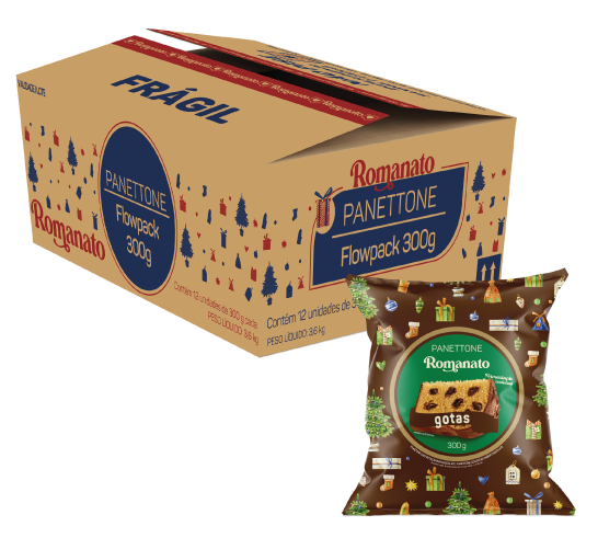 Caixa Fechada: 12 unidades Panettone Flowpack Gotas Chocolate 300g