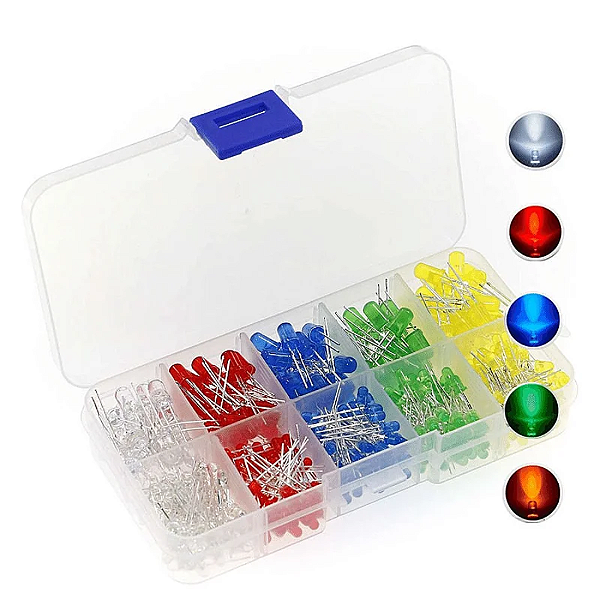 KIT 200 LEDS 3MM E 5MM EM 5 CORES COM CAIXA ORGANIZADORA