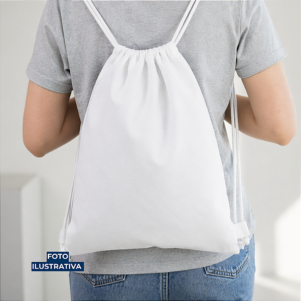 Mochila saco para sublimação em oxford branco e cordinha branca 30cm x 40cm