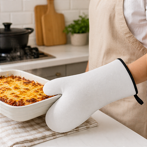 Luva para sublimação em neoprene de 3mm branco e acabamento em viés preto.