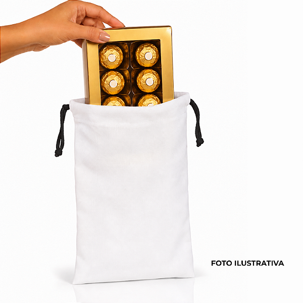 Saquinho para Caixa de Bombom para sublimação em oxford branco 100% poliéster 17cm x 27cm cordinha preta