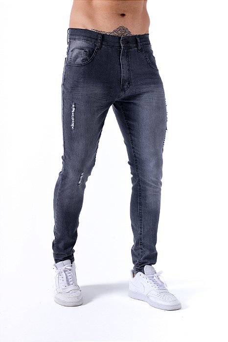 Calça Jeans Super Skinny Grafite Rasgada