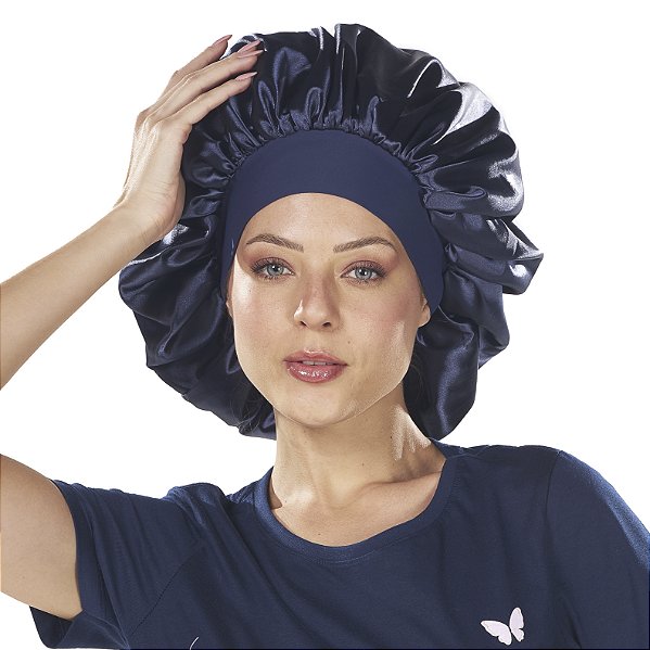 Touca de Cetim Premium Antifrizz Dupla Face Aba Flexível Azul - Super Cacheada