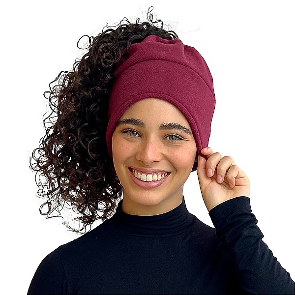 Touca de Inverno 3 em 1 com Cetim - Bordô - Super Cacheada