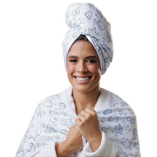 Dupla Toalha Turbante + Toalha Tradicional - Pérolas do Mar - Super Cacheada