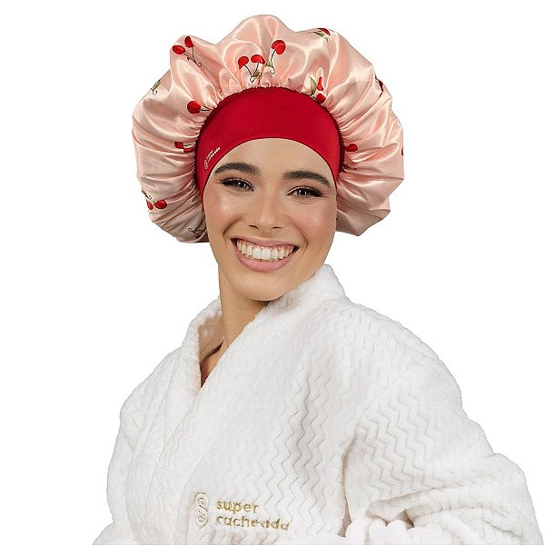 Touca de Cetim Premium Antifrizz Dupla Face Aba Flexível Cerejinha - Super Cacheada