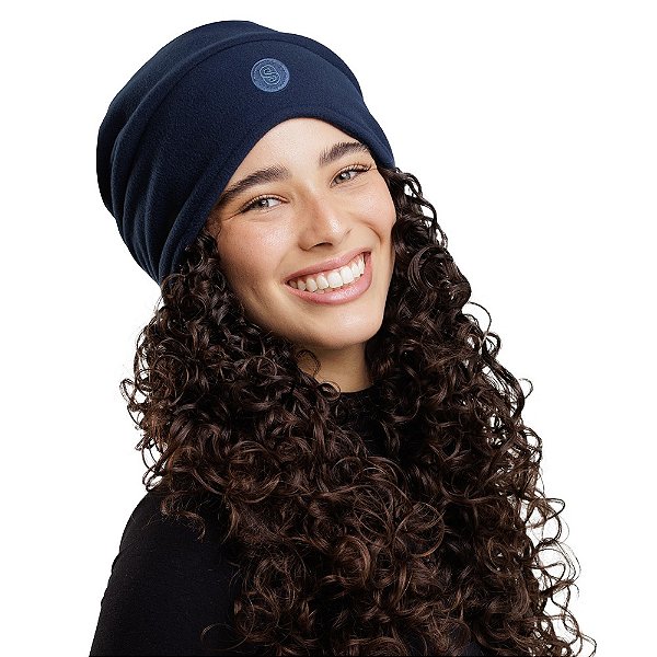 Touca de Inverno com Cetim Bordada Aconchego - Azul Marinho - Super Cacheada