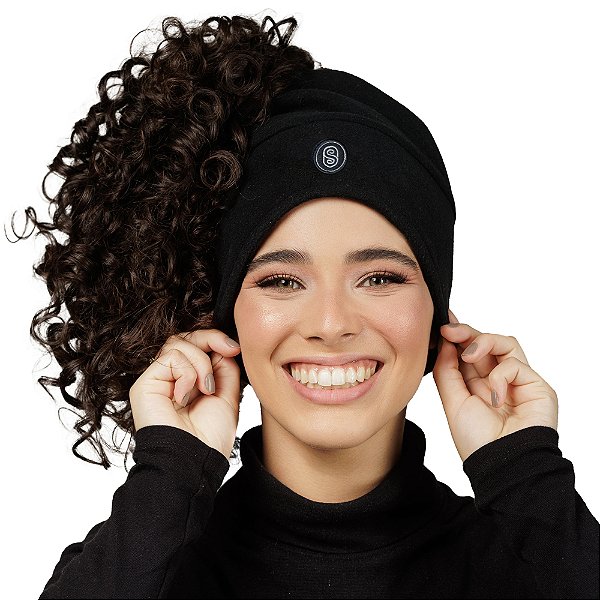 Touca de Inverno 3 em 1 com Cetim Bordada Aconchego - Preta - Super Cacheada