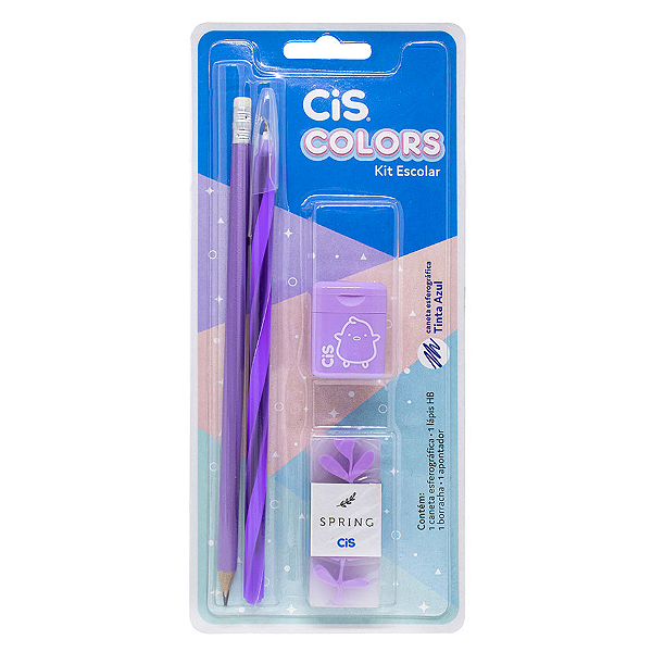 Kit Escolar CIS Colors 4 peças (1 lápis, 1 caneta CIS Spiro Clean, 1 borracha CIS Spring e 1 apontador CIS 415)
