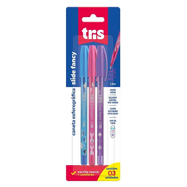 KIT CANETA ESF TRIS SLIDE FANCY 1.0 CART 3UN