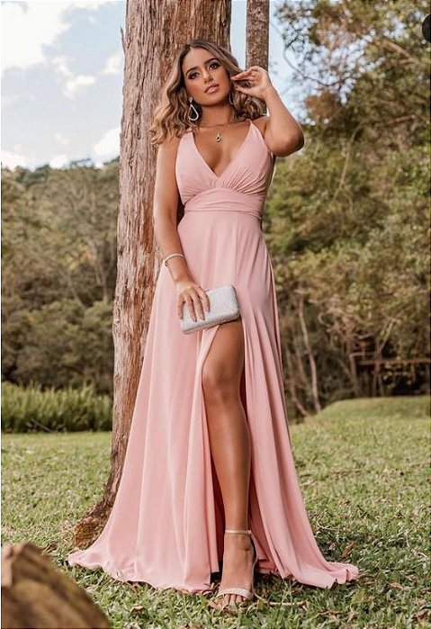 Vestido de festa longo, em crepe, detalhe cruzado nas costas - Rose