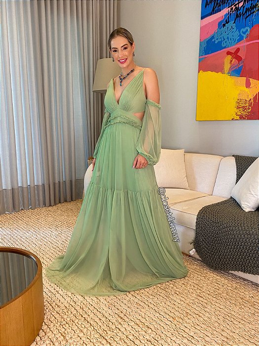 Vestido longo, cintura cut out, manga longa - closetdamay vestidos de noiva  civil e vestidos de festa