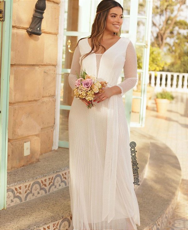 Vestido de noiva longo tule poá, com manga longa e decote em V - Off White