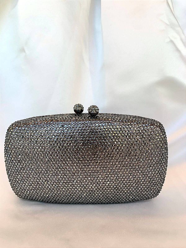 Bolsa clutch oval, com cristais- Cinza