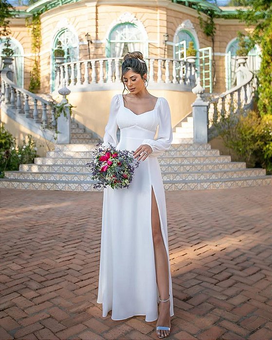 Vestido de noiva em musseline, manga longa e fenda - Vestido de casamento e  vestido de festa