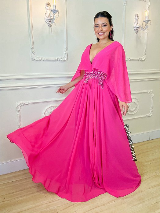 Vestido de festa longo, com fenda e bordado em pedraria - Rosa Pink -  Vestidos de festa e casamento civil