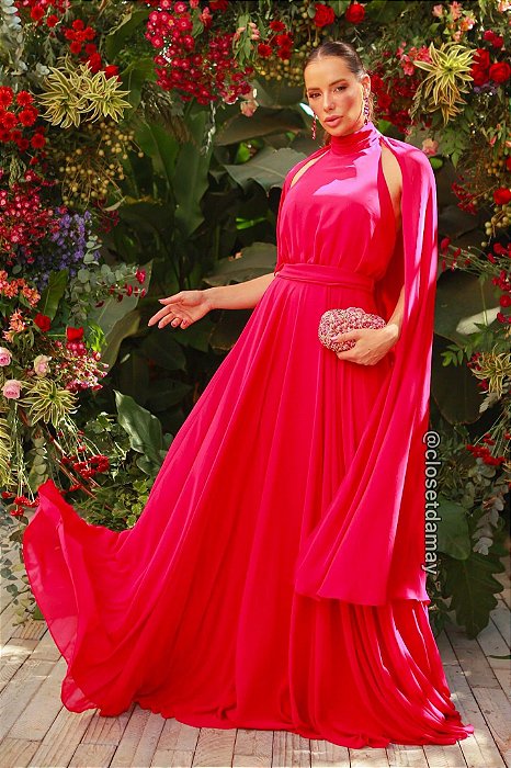 Vestido de festa longo, frente única com capa - Rosa Pink