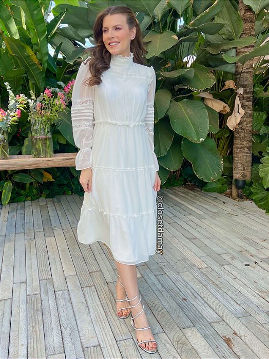 Vestido de noiva midi, com gola alta e aplicação de renda - Off White -  Vestidos de festa e casamento civil