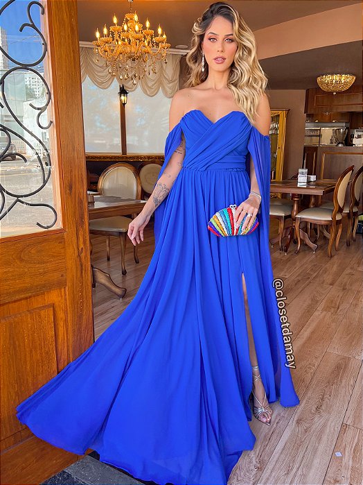 Vestido de festa longo, com capa e fenda - Azul Royal - Vestidos