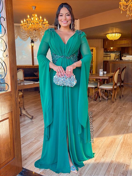 Vestido de Festa longo, com bordado em pedraria e fenda - Verde Esmeraldo