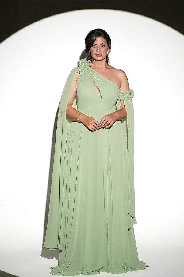 Vestido de festa longo, com capa e aplicação de flores -  Verde Menta