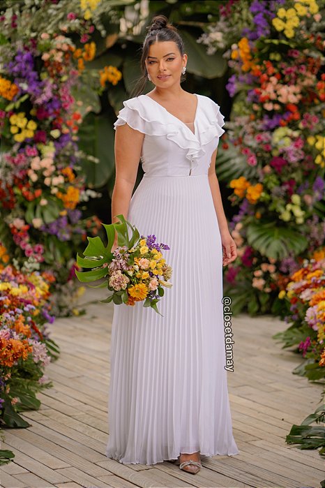 Vestido de noiva longo com saia plissada e decote em babados - Branco