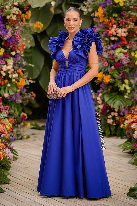 Vestido de festa longo, com decote em v e alças em babados - Azul Roya -  Vestidos de festa e casamento civil