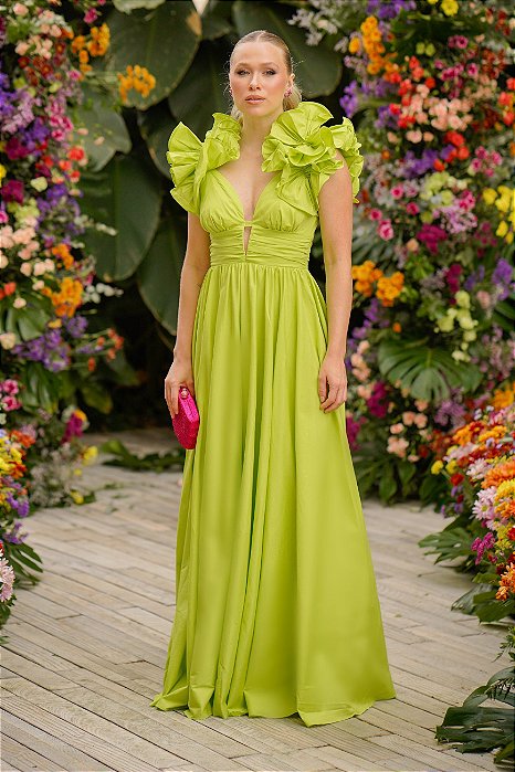 Vestido de festa longo, com decote v e alças em babados - Verde Lima -  Vestidos de festa e casamento civil