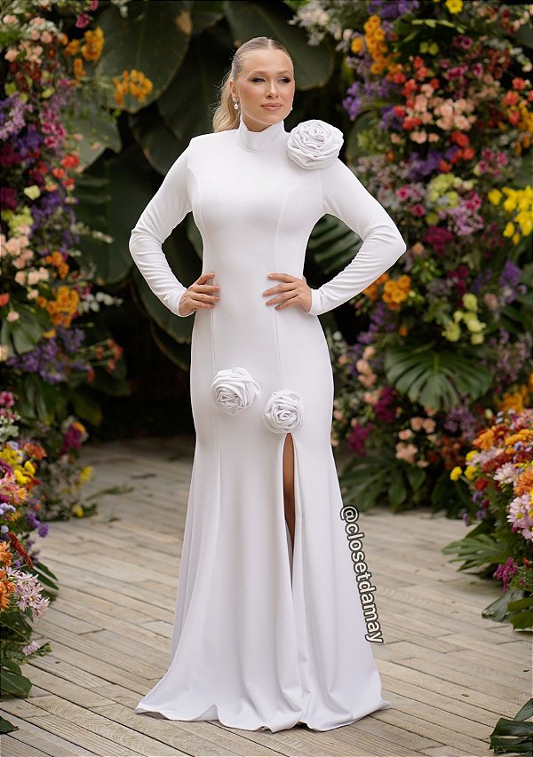 Vestido de noiva longo, sereia com aplicação de flores - Off White