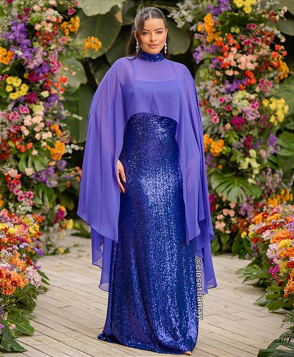 Vestido de festa longo plus size, em paetê com capa - Azul Royal