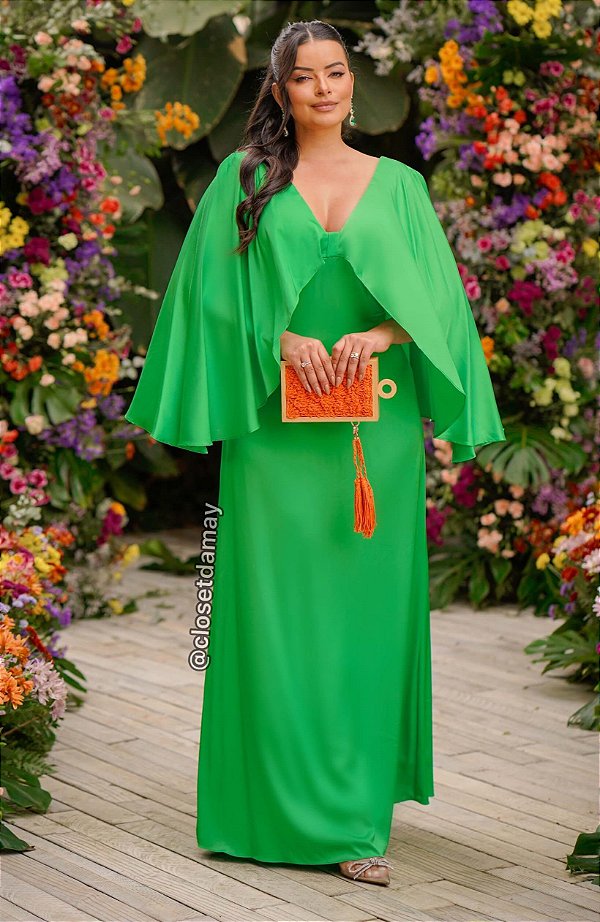 Vestido de festa longo, com capa e decote v - Verde