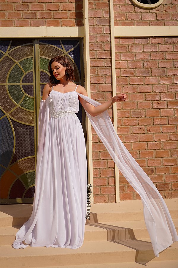 Vestido de noiva longo, Plus Size  com alça e capa - Branco