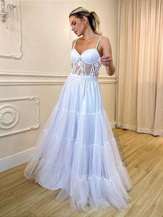 Vestido de Noiva em Tule Branco Modelo Princesa Busto Bordado e Costas  Transpassadas