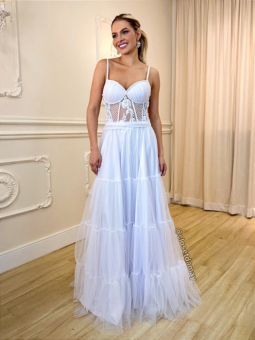 Vestido de noiva longo, com busto bordado em tule  - Branco