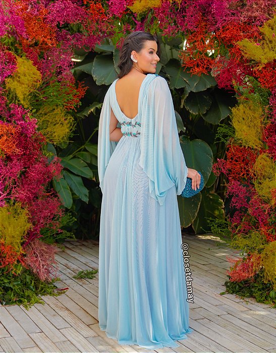 Vestido de festa plus size longo, bordado em pedraria com manga fluido -  Azul Marinho - Vestidos de festa e casamento civil