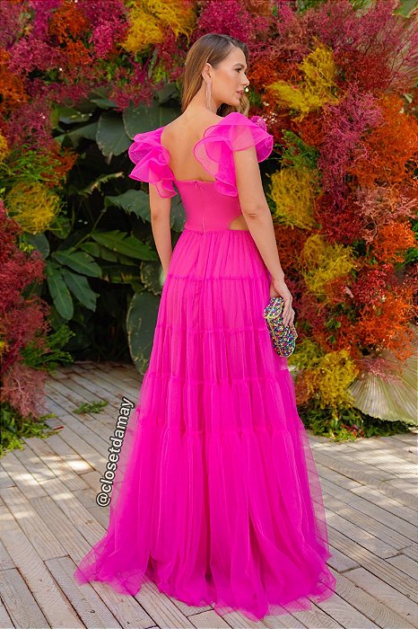 Vestido de festa longo, tule e alça com babado - Rosa Pink - Vestidos de  festa e casamento civil