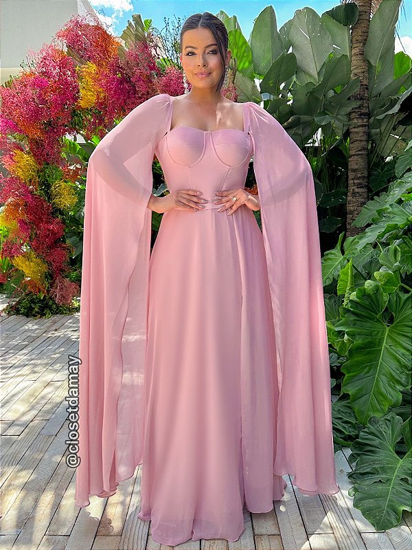 Vestido de festa longo , com capa e fenda - Rosê