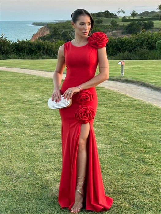 Vestido de festa longo, sereia com aplicação de flores - Vermelho - Vestidos  de festa e casamento civil
