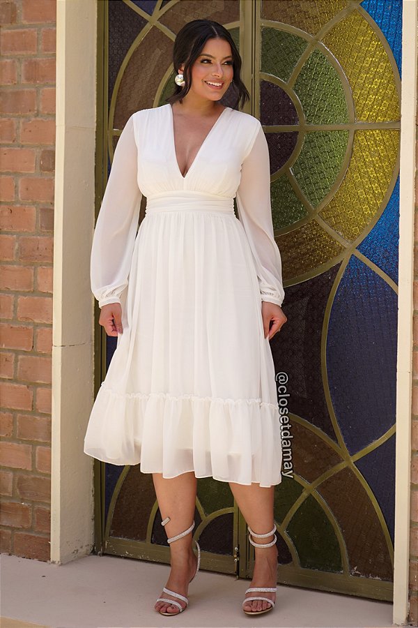 Vestido de noiva midi, com manga longa e decote v - Off White