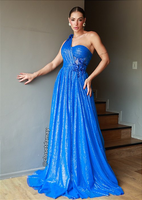 Vestido de festa longo, nula manga, tule e bordado em pedraria - Azul Royal  - Vestidos de festa e casamento civil