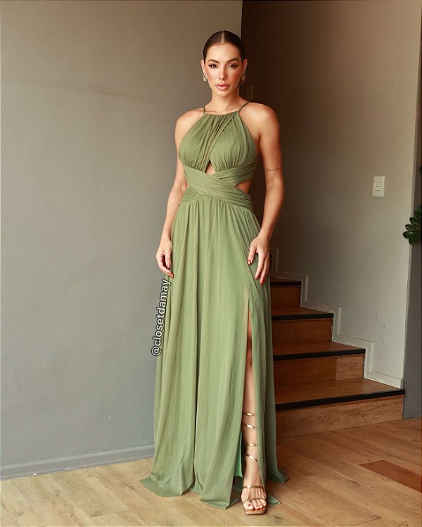 Vestido de festa longo, frente única com recortes e fenda - Verde Oliva