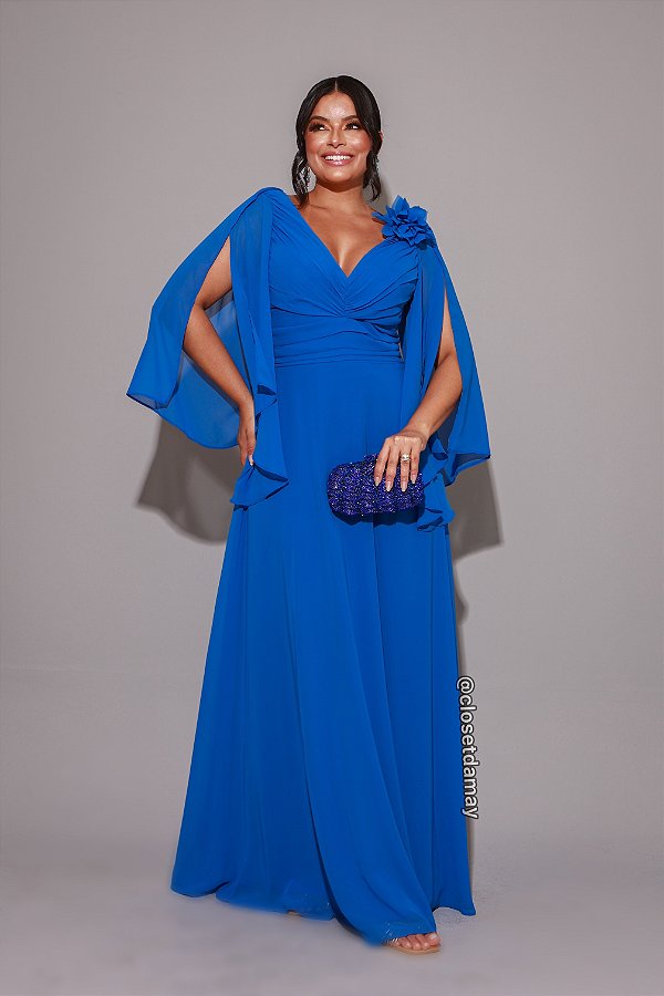 Vestido de festa longo, em chiffon, com franzido no busto, decote v e flor removível - Azul Royal