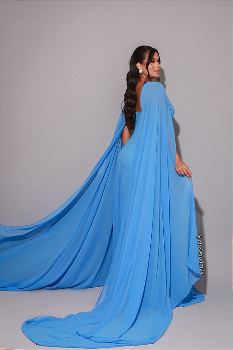 Vestido de festa longo, frente única com capa - Azul Serenity