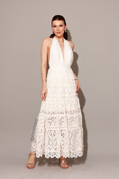 Vestido de noiva mulet, frente única com detalhes em rendas - Off White