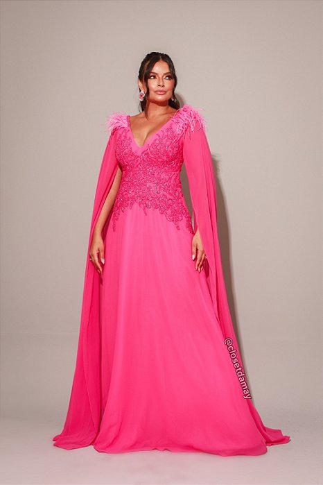 Vestido de festa longo, com decote V com detalhe pluma - Rosa Pink